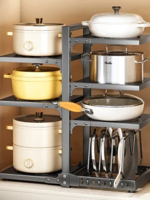 Sink Layered Pot Rack Free Layering Kitchen Pans Organizer Rustproof Snap-On Stainless Adjustable Pot Storage Rack Under Cabinet